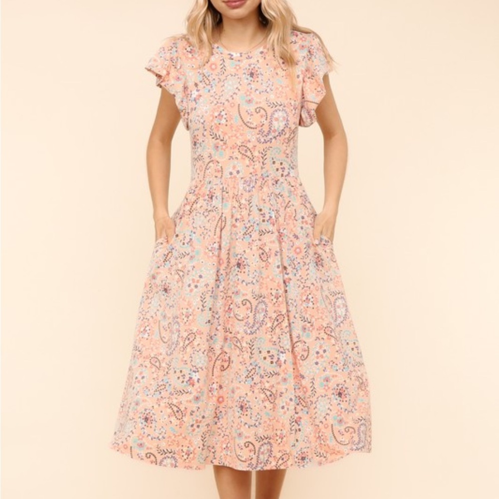 Floral Paisley Babydoll Dress- Peach